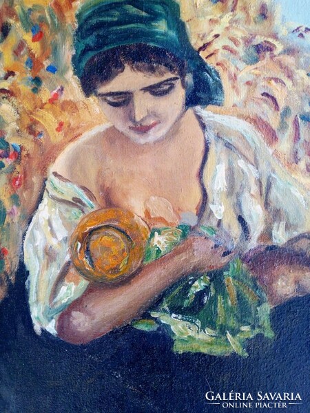 Gyermekét szoptató anya impresszionista stílusú olaj-vászon festmény Németországból