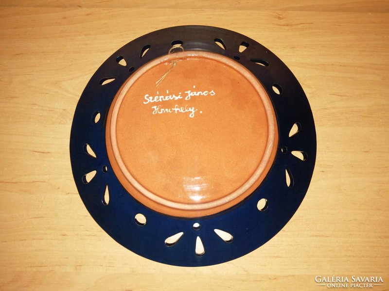 János Sénási hmv glazed ceramic wall plate with openwork edge - diameter 28 cm (ap)