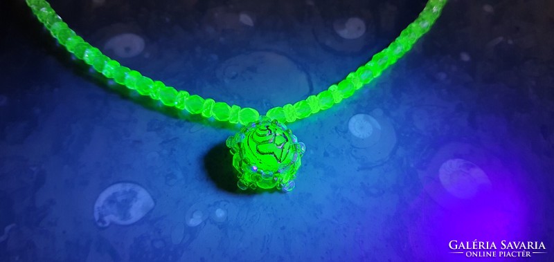 Genuine Czech Uranium Glass Necklace with String Rose Pendant #23002