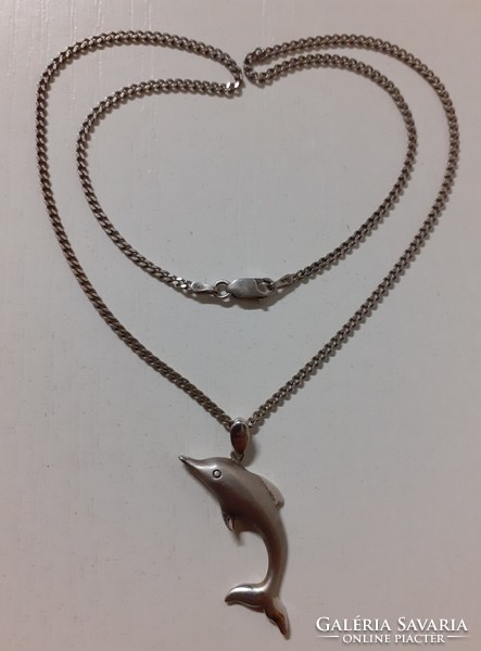 Marked silver 925 thick necklace with a large dolphin pendant in marked silver