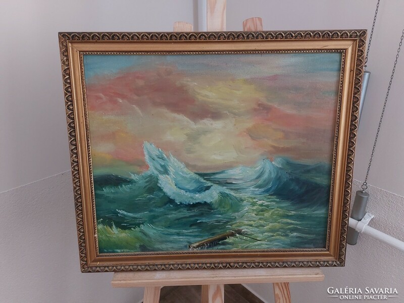 (K) Háborgó tenger festmény 63x54 cm kerettel
