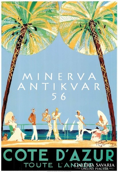Art deco travel advertising poster reprint print cote d'azur palm tree promenade summer beach fashion