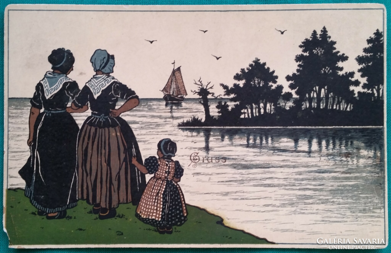 Antik grafikus üdvözlő képeslap, hajó, tenger,  postatiszta, A. SALA  Berlin,  képeslap