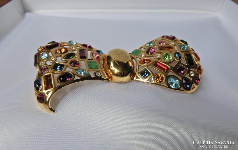 Régi AIROLDI olasz nagyméretű aranyozott ezüst bross ékkövekkel