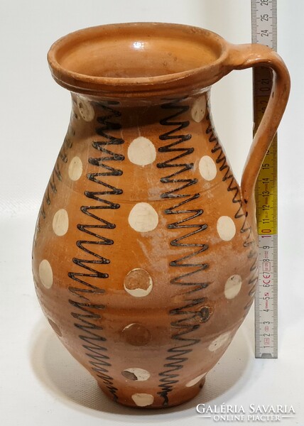 Folk ceramic milk jug with white dots, black line pattern, dark brown glaze (2865)