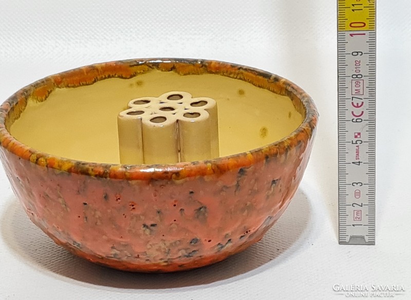 Hódmezővásárhelyi, ikebana, barna, narancssárga mázas kerámia virágtartó (2864)