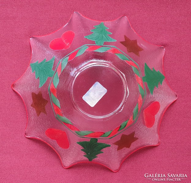 Karácsonyi üveg tál német festett tányér tálka fenyőfa minta dekoráció kellék kínáló asztalközép