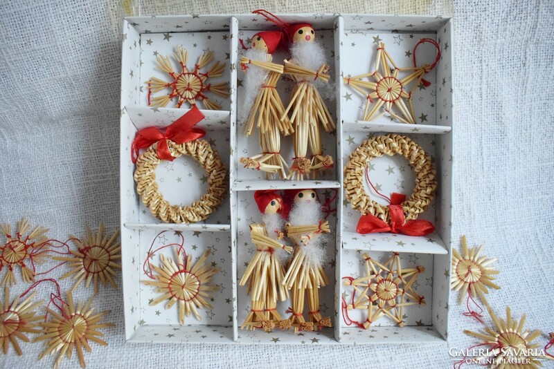 ~ 40 pcs. Old retro straw Christmas tree decoration package, Santa Claus, angel, snowflake, star, cone...