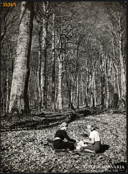 Nagyobb méret, Szendrő István fotóművészeti alkotása. Lányok az erdőben, piknik, 1930-as évek.