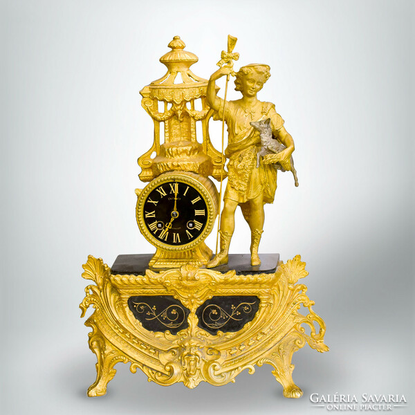 French half-baked figural fireplace clock with stone inlay and dial