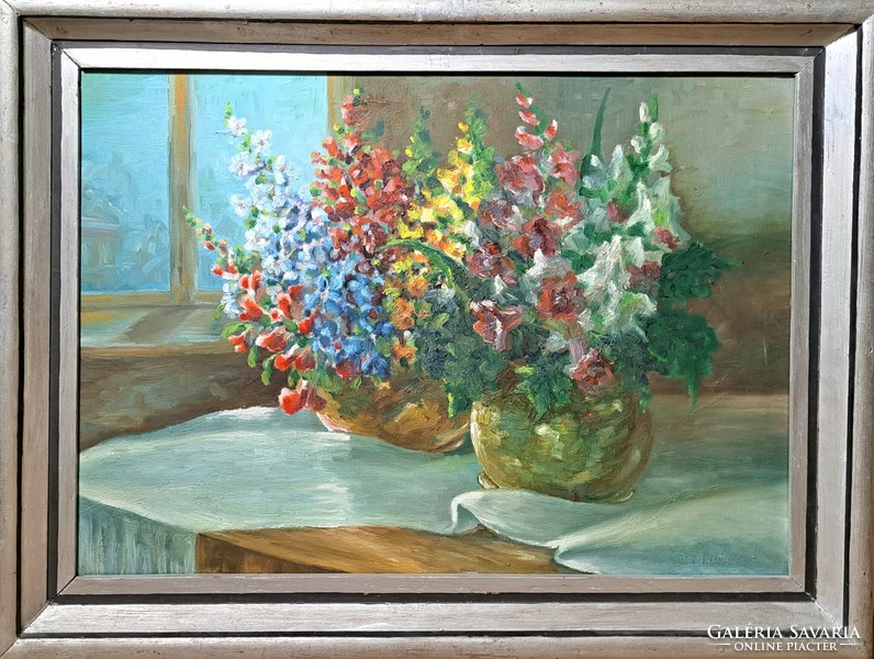 Virágcsendélet, 1959 (olajfestmény ezüst keretben) Vajda jelzéssel - ablakban