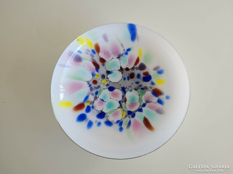 Muránoi üvegtál színes rétegelt üveg talpas dísztál 26 cm asztalközép