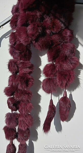 Purple burgundy / burgundy pompom rabbit fur scarf / stole