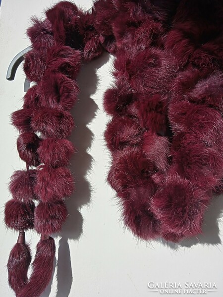 Purple burgundy / burgundy pompom rabbit fur scarf / stole