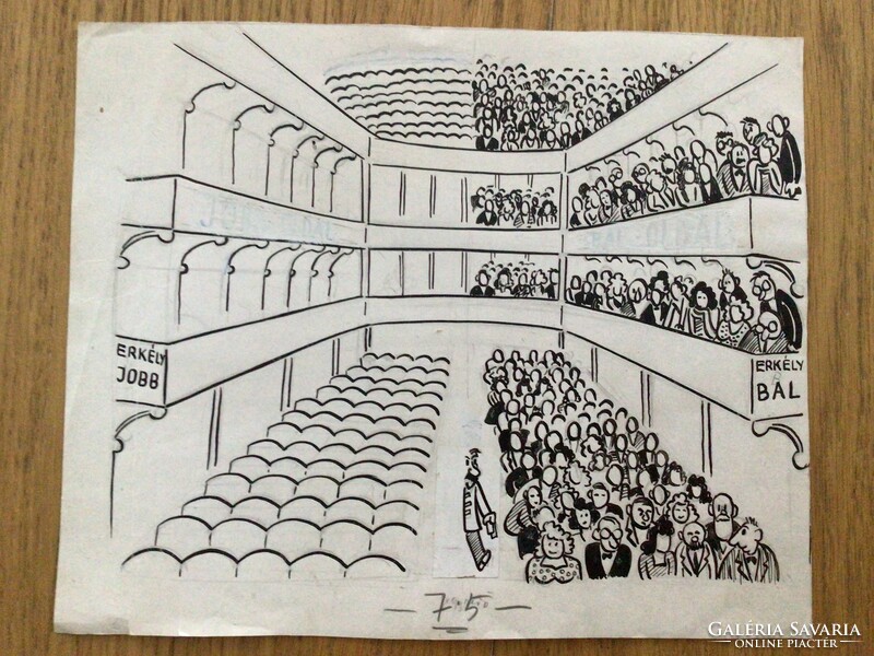 Original caricature drawing by the free mouth. Modern theater for paper, 23 x 19 cm
