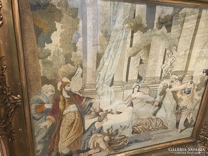 Old tapestry picture with a mythological scene in a wide frame, large size