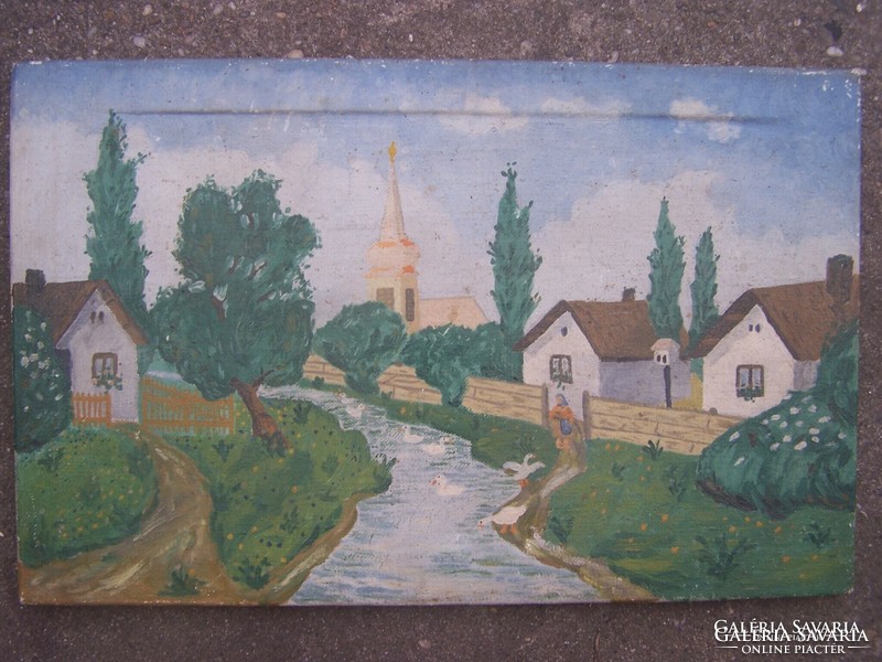 Hungarian naive painter xx. First half of the century: on the bank of a stream. Oil on canvas 40 x 25 cm