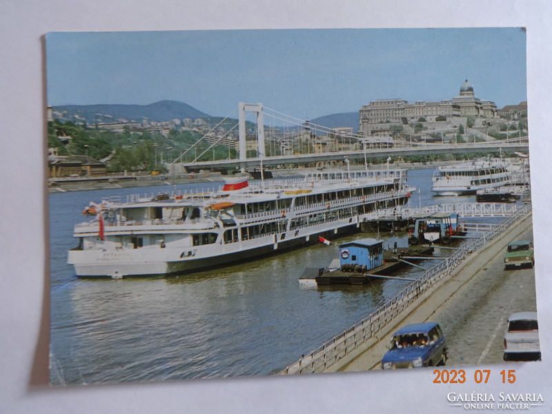 Old postage stamp postcard: Budapest, skyline (with ship)