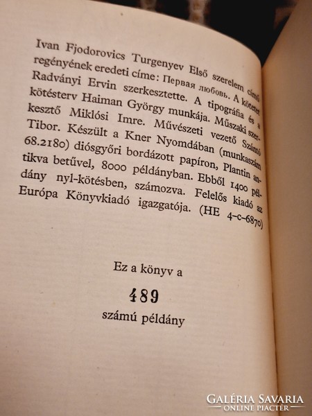 1968-számozott BIBLIOFIL-1200pld. TURGENYEV: ELSŐ SZERELEM -Magyar Helikon-nejlonkötés--GYŰJTŐI!!!