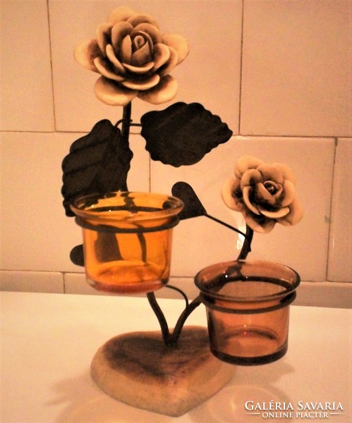 Wrought iron candle holder, candle holder with ceramic roses, with 2 glasses m 24 cm