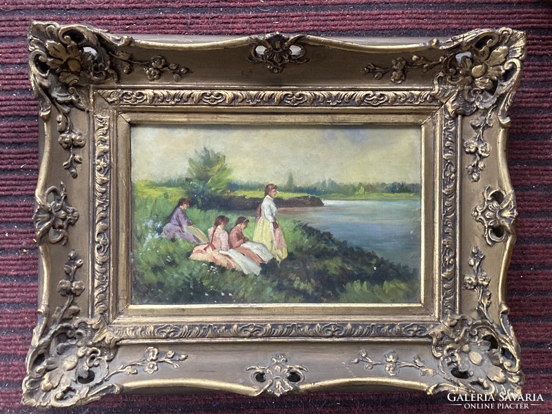 Nyilasy Sándornak tulajdonítható olaj festmény--Lányok a folyóparton.