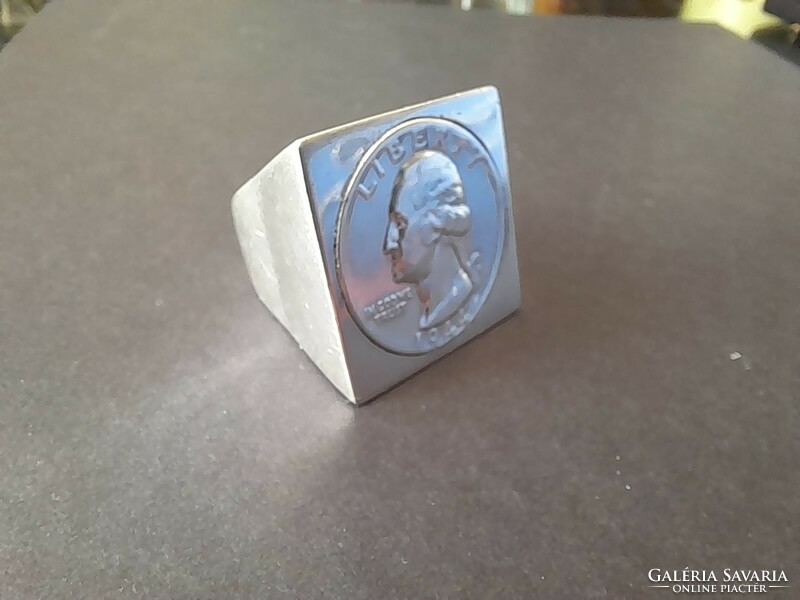 Tömör Egyedi 925 Ezüst,1944 Eredeti Negyed Dollárossal Díszített Pecsét Gyűrű.52.3 gramm.