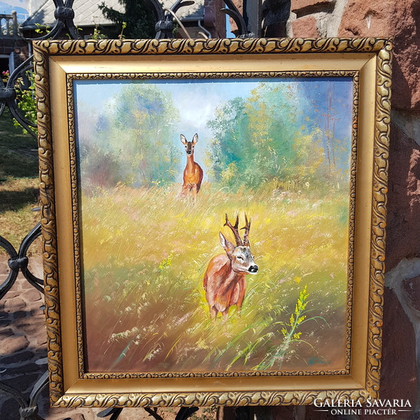 Deer in the forest clearing. Oil, wood 49.5x54 cm, painting, landscape, cute picture frame. Tppp