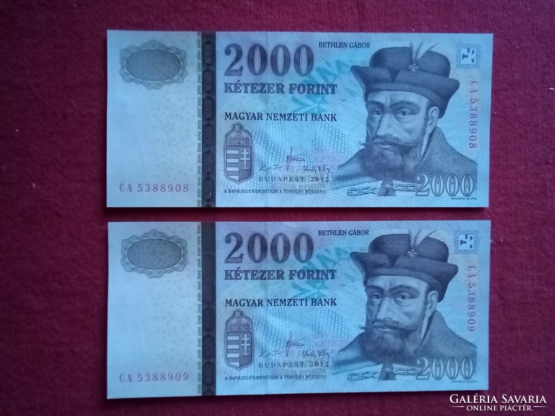 Unc 2000 HUF paper money with a pair of consecutive numbers, unfolded banknote in beautiful condition 2013