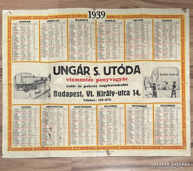 Ungár S. Utóda vízmentes ponyvagyár  falinaptár 1939