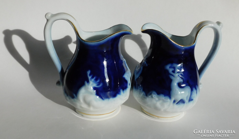 Cobalt-painted antique milk jug with embossed deer 8 cm
