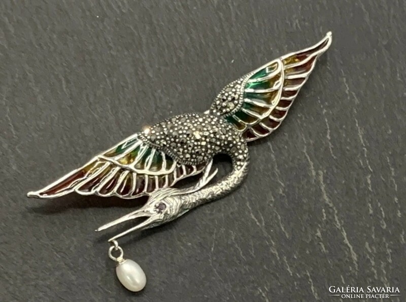 Hatalmas meseszép  ezüst jugendstil bross madár markazittal, ezüst /925/ --új