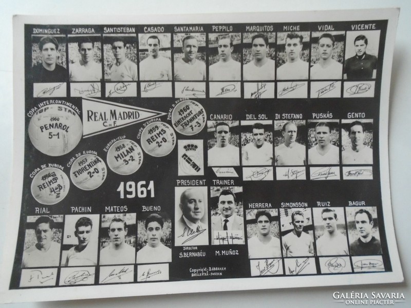 ZA474.11 Képeslap Real Madrid 1961 PUSKÁS - World League of Hungarian Free Sportsmen Tibro Sweden