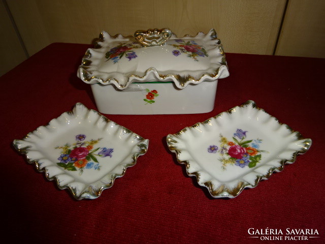 Hungarian porcelain jewelry box and two bowls, gold rimmed. Jokai.