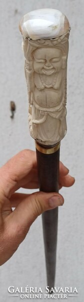 Antique carved bone buddha-headed walking stick, walking stick, dagger stick