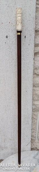 Antique carved bone buddha-headed walking stick, walking stick, dagger stick