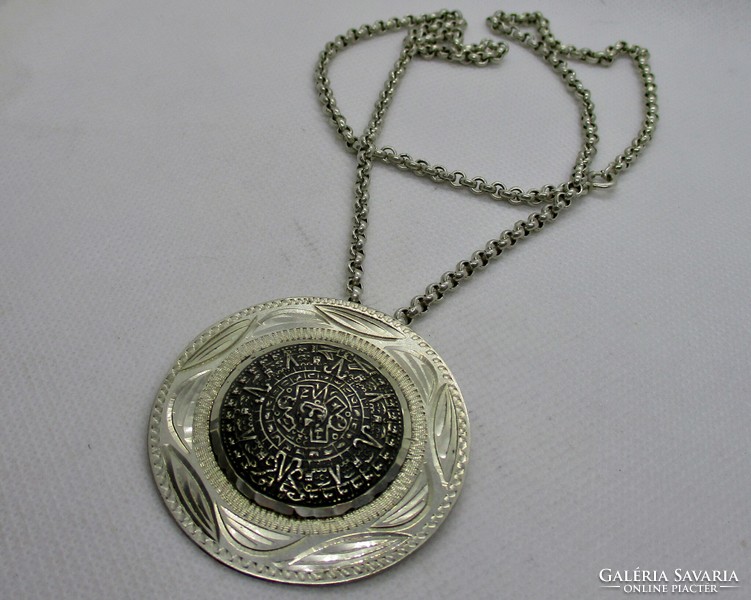 Beautiful old Mayan calendar silver necklace