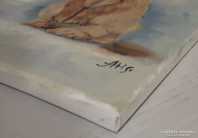 Antyipina Galina: Szomorú nyuszi, olajfestmény, vászon, 30x25cm
