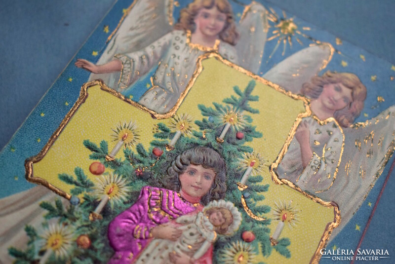 Antique embossed Christmas greeting card - little girl playing with doll, angels, Christmas tree