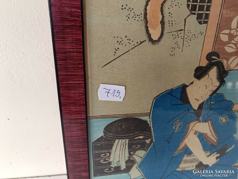 Antique Japanese woodcut samurai motif in frame 719 8325