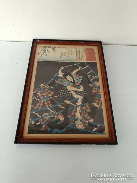 Antique Japanese woodcut samurai fight motif in frame 720 8331