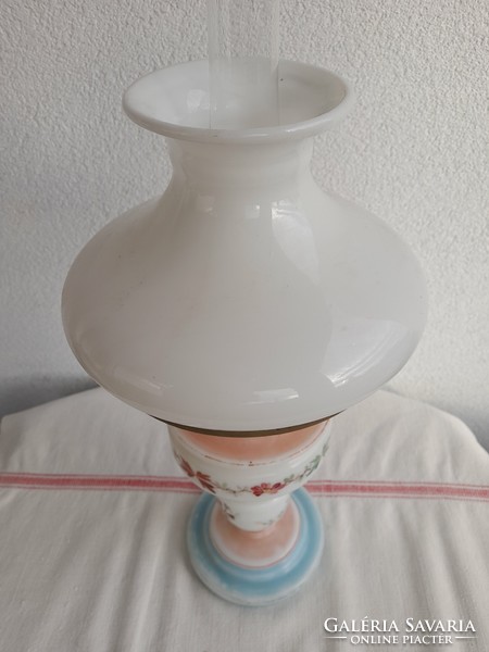 Milk glass table kerosene lamp, painted, flawless, all original on it, 46 cm high