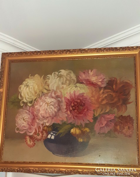 Antique large flower arrangement with beautiful frame 77x65