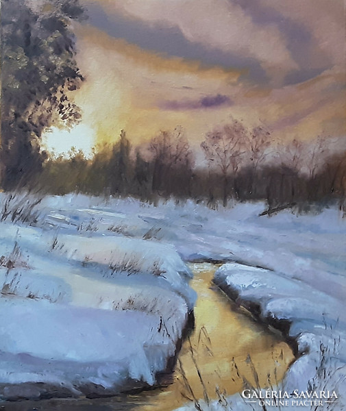 Antiipina galina: winter river, oil painting, canvas, painter's knife. 60X50cm
