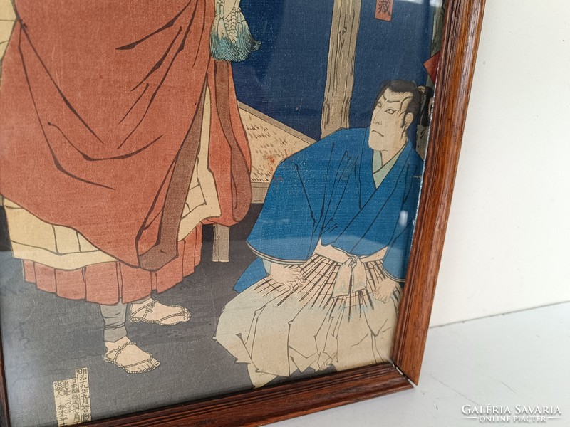 Antik Japán fametszet szamuráj motívum keretben 716 8326