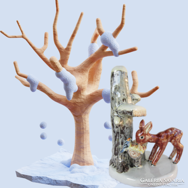 Izsépy ceramic winter scene deer and small bird at the feeder 17 cm
