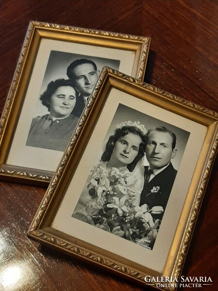 Pair of antique picture frames from the 60s with the stamp of the photo studio and the picture framer