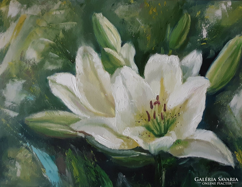 Antiipina galina: white lily, oil painting, canvas, painter's knife, 30x40cm