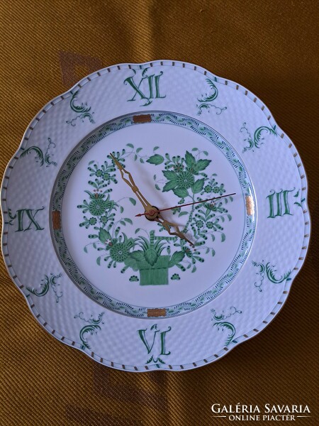 Flawless! Herend green Indian flower basket pattern wall clock / plate clock