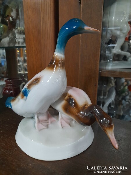 Zsolnay sinkó hand-painted porcelain wild duck, duck couple figures. 18 Cm.