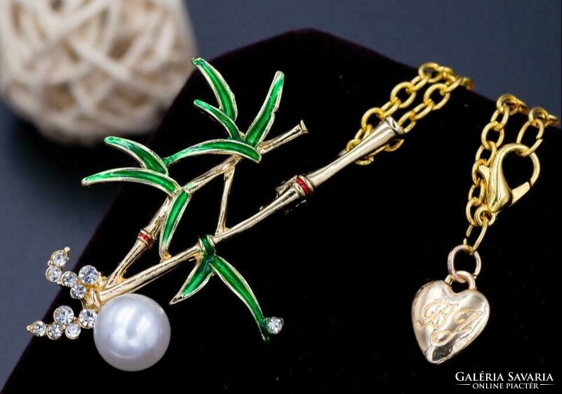 Brooch, pin bny05 - lucky bamboo pendant with rhinestones, pearls and necklace 38x55mm
